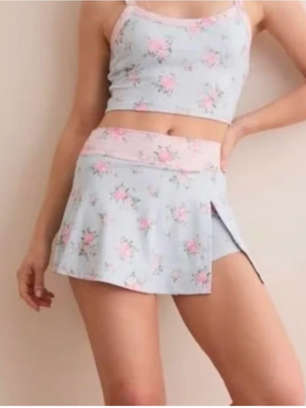 Altar'd State Light Blue Mini Skirt with Pink Floral Waistband